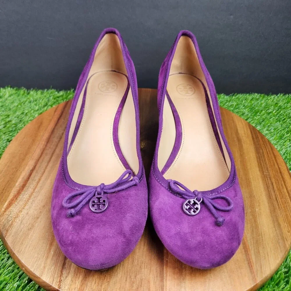 Tory Burch Purple Leather Suede Chelsea Wedge Heels Bow Logo Round Toe 10 M